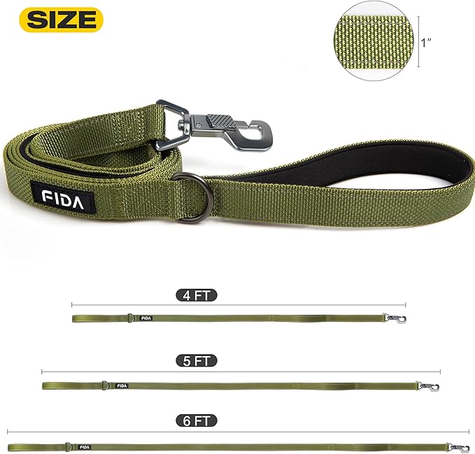 Fida 5 FT Heavy Duty Dog Leash with 2 Comfortable Padded Handles, Traffic Handle & Advanced Easy Snap Hook, Reflective Walking Lead for Large, Medium & Small Breed Dogs, Green