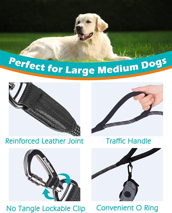 PetBonus Double Handle Rope Dog Leash, 5FT Heavy Duty Training Lead with Lockable Hook and 2 Comfortable Padded Handles, Reflective Walking Nylon Leash for Large Medium Dogs (55-200 lbs, Black Grey)
