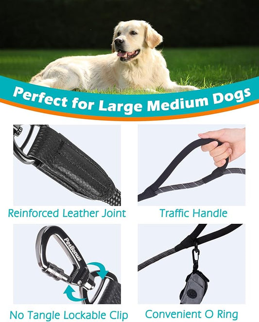 PetBonus Double Handle Rope Dog Leash, 5FT Heavy Duty Training Lead with Lockable Hook and 2 Comfortable Padded Handles, Reflective Walking Nylon Leash for Large Medium Dogs (55-200 lbs, Black Grey)
