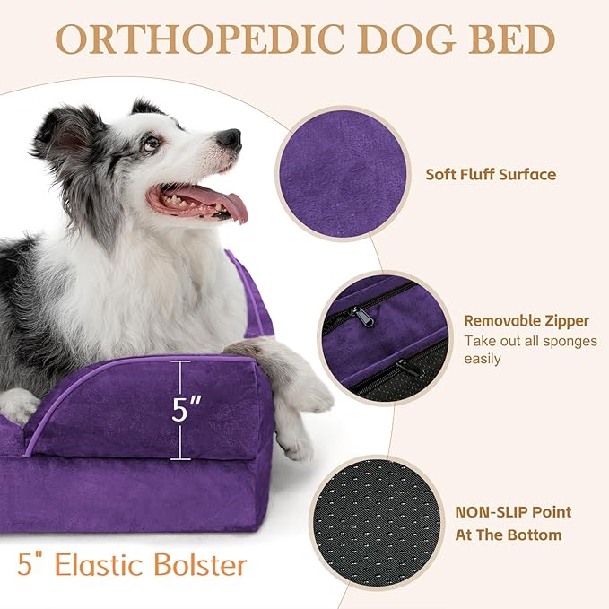 Comfort Expression Orthopedic Dog Bed for Extra Large Dogs 45x35 Inch, Waterproof Egg Crate Foam XL Pet Bed with Removable Bolsters, Dog Couch with Washable Cover & Non-Slip Bottom, Deep Purple