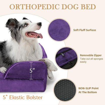 Comfort Expression Orthopedic Dog Bed for Extra Large Dogs 42x30 Inch, Waterproof Egg Crate Foam XL Pet Bed with Removable Bolsters, Dog Couch with Washable Cover & Non-Slip Bottom, Deep Purple