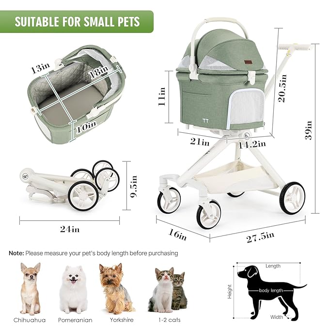 Beberoad Pets TT Lightweight Pet Stroller for Small Dogs & Cats - 4-Way Installation Carrier, One-Hand Fold, 180° Canopy Cover & Adjustable Handle (Green)