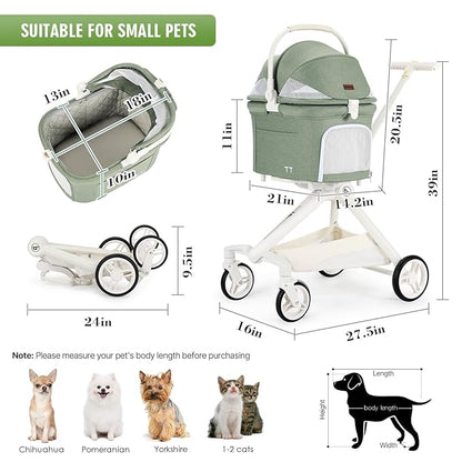 Beberoad Pets TT Lightweight Pet Stroller for Small Dogs & Cats - 4-Way Installation Carrier, One-Hand Fold, 180° Canopy Cover & Adjustable Handle (Green)