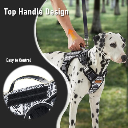 Tactical Dog Harness for Medium Large Dogs, No Pull Pet Harness with 2 Leash Clips, Adjustable Soft Padded Dog Vest, Reflective Pet Oxford Vest with Easy Control Handle, Black Ethnic M
