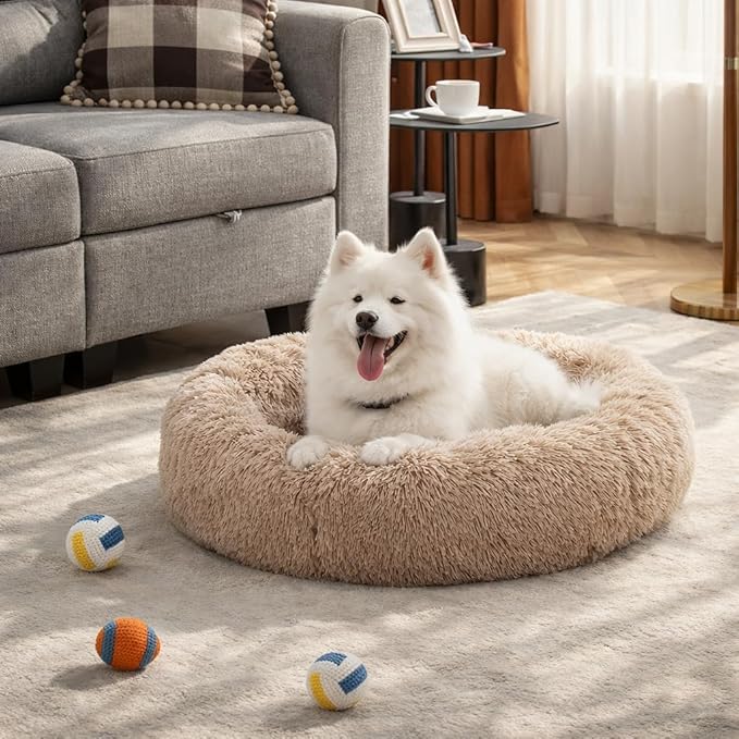 Dog & Cat Bed for Indoor Cats, 30in Calming Donut Pillow mat for Puppy and Kitten, Washable Cooling Round Fluffy Pet Nest for Small Medium Dogs and Cats, Brown