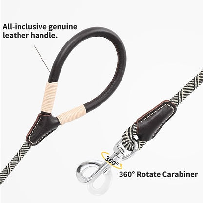Mile High Life Genuine Leather Wrapped Handle Dog Leash, w Heavy Duty Clasp Rope Leash for Small Medium Large Dogs (Black Beige, 5FT)
