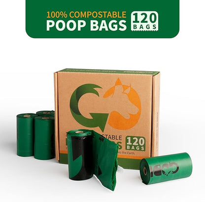 Certified 100% Home Compostable Poop Bags for Dogs, 120 Count Guaranteed Leak Proof and 18 Microns Extra Thick Waste Bag, 8 Rolls of Plant Based Doggie Poop Bag, No Scented with ASTM D6400 & EN13432