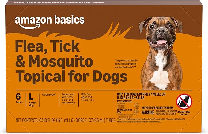 Amazon Basics Preventative Flea, Tick & Mosquito Topical Treatment for Large Dogs (21-55 pounds), 6 Count, Packaging May Vary