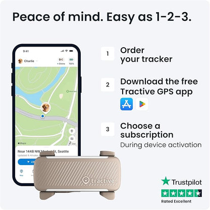 Tractive GPS Dog Tracker (2025 Release) Real-time Pet Location Tracker | Health & Wellness Alerts | Virtual Fence for Dogs | Bark Monitoring (Brown w/Olive Cover)