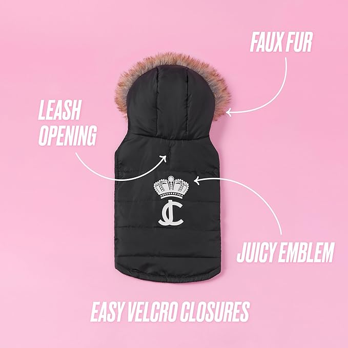 Juicy Couture Faux Fur Hooded Pet Jacket for Dogs and Cats - Black - Extra Small/Small