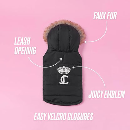 Juicy Couture Faux Fur Hooded Pet Jacket for Dogs and Cats - Black - Extra Small/Small