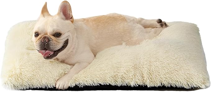 EHEYCIGA Fluffy Dog Crate Bed for Medium Dogs, Plush Faux Fur Crate Pad, Calming Anti Anxiety Medium Dog Bed, Washable Soft Warm Mat with Non-Slip Bottom, Ivory Beige