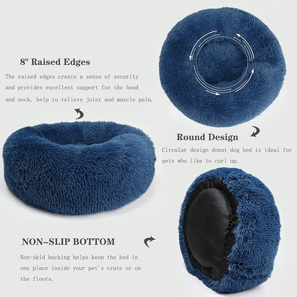 Calming Donut Dogs Beds for Small Dogs Washable,23inch Plush Round Pet Bed for Cozy Sleep,Fluffy Faux Fur Large Cat Bed,Fits up to 25 lbs Pets,Navy Blue