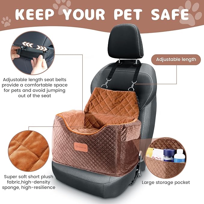 AlfaTok Memory Foam Booster Dog Car Seat with Washable Removable Cover, Elevated Pet Car Seat, Anti-Slip Sturdy Booster Seats for Small Dogs 35lbs, Seat Belt, Storage Pocket, Dog Blankets
