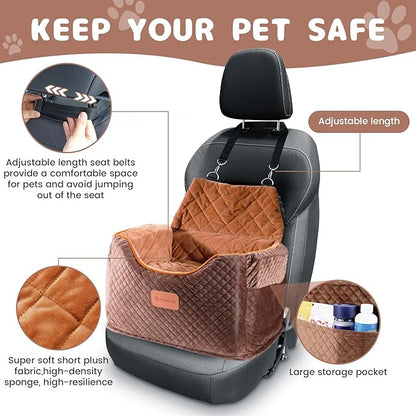 AlfaTok Memory Foam Booster Dog Car Seat with Washable Removable Cover, Elevated Pet Car Seat, Anti-Slip Sturdy Booster Seats for Small Dogs 35lbs, Seat Belt, Storage Pocket, Dog Blankets