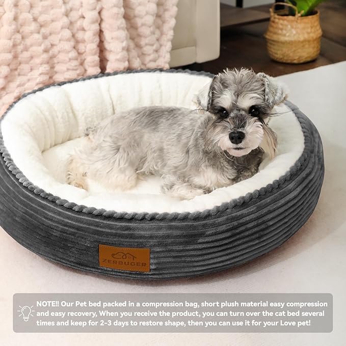 Zerbuger 20in Washable Cat Beds for Indoor Cats - Round Donut Pet Bed for Cats, Small Dogs, Puppy, Kitten - Anti-Slip Bottom, Calming Bed Gift - Dark Grey