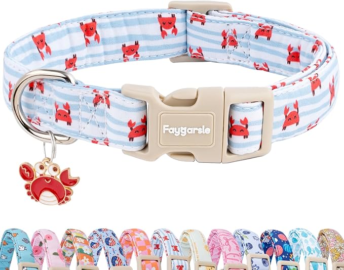 Faygarsle Cute Crab Pattern Dog Collar, Cotton Fabric, Light Blue Stripes, for Small Medium Large Dogs S