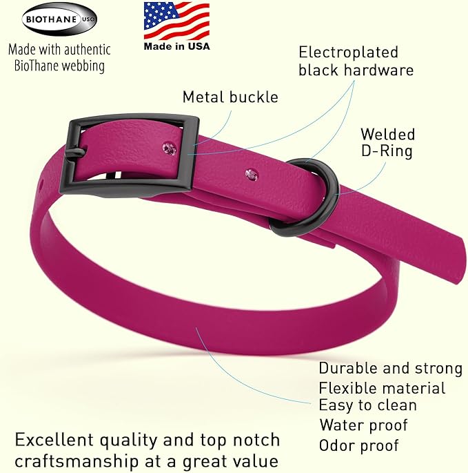 Dogline Biothane Waterproof Dog Collar Strong Coated Nylon Webbing with Black Hardware Odor- Proof for Easy Care Easy to Clean High Performance Fits Small Medium or Large Dogs, Magenta Pink