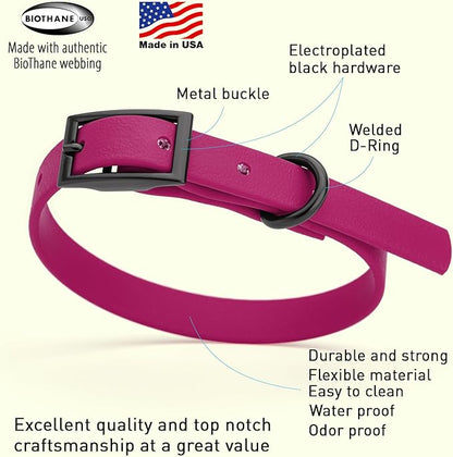 Dogline Biothane Waterproof Dog Collar Strong Coated Nylon Webbing with Black Hardware Odor- Proof for Easy Care Easy to Clean High Performance Fits Small Medium or Large Dogs, Magenta Pink