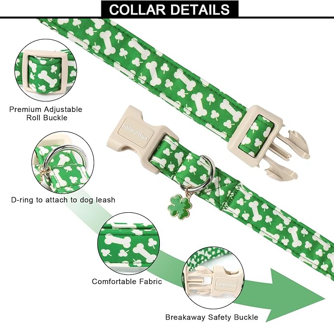 Lionet Paws St. Patrick Dog Collar- Cute Clover Bone Green Dog Collars with Plastic Buckle, Light Adjustable Dog Collars with Clover Pendant for Small Medium Dogs