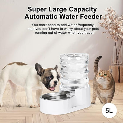 RIZZARI Dog Water Bowl Dispenser: 5L Large Stainless Steel Gravity Feeder - Leak-Proof - Detachable Bowl & Filter Instruction - Easy to Use for Busy Multi-Pet Owners with Small Puppies & Kittens