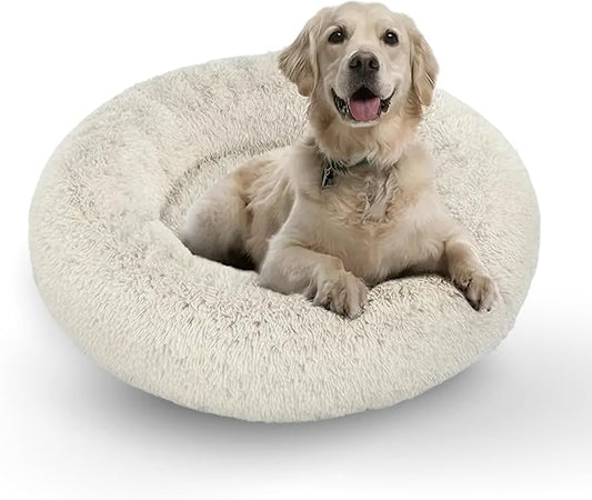 Active Pets Calming Plush Dog Bed Donut Joint Support Anxiety Relief Washable Pet Bed with Removable Cover for Dogs Cats, Large 36", Beige