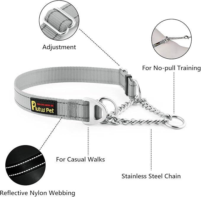 Plutus Pet Martingale Dog Collar with Stainless Steel Chain and Reflective Nylon, Adjustable No Pull Training Collar, for Small Medium, and Large Dogs, Gray, S