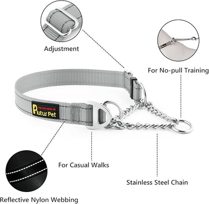 Plutus Pet Martingale Dog Collar with Stainless Steel Chain and Reflective Nylon, Adjustable No Pull Training Collar, for Small Medium, and Large Dogs, Gray, L