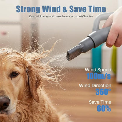 DUMOS Dog Blow Dryer Grooming Vacuum Kit, Cat Dog Hair Dryer with Adjustable Wind Speed & Heater Temperature, Cool-Warm-Hot Cycle Mode, 4 Nozzles, 6.5FT Cord for Low Noise Pet Hair Remover - Grey