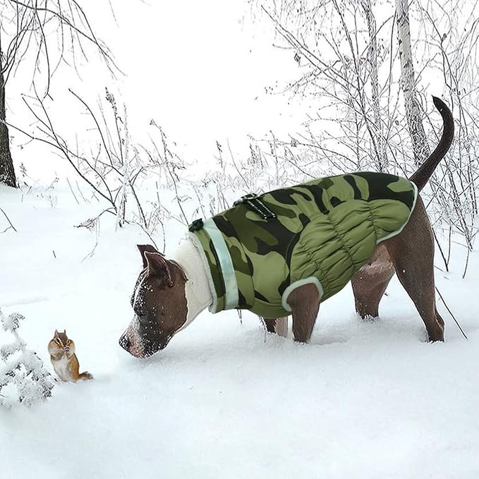 Lelepet Dog Coat Warm Dog Winter Coat Waterproof Dogs Jacket with Harness Built in Reflective Pet Fleece Vest Zip-Up Cold Weather Coats for Large Dogs Turtleneck Windproof Boston Terrier Green Camo L