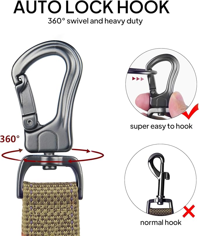 TwoEar 6FT 1IN Strong Brown Dog Leash with 2 Padded Handles, Traffic Handle Extra Control, Comfortable Soft Dual Handle, Auto Lock Hook, Reflective Walking Lead for Small Medium and Large Dogs