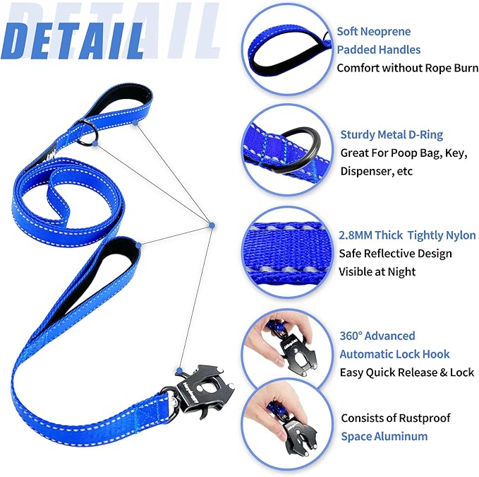 Strong Heavy Duty Dog Leash - 6ft Reflective Nylon Training Leash with Soft Padded Double Handle & Auto Lock Frog Clip, Safety Traffic Control for Large Medium Small Dog No Pull Walking (DarkBlue,6ft)