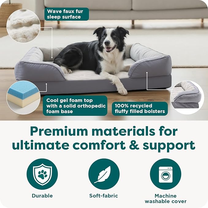 Furhaven Cooling Gel Dog Bed for Large/Medium Dogs w/ Removable Bolsters & Washable Cover, For Dogs Up to 55 lbs - Plush & Velvet Waves Perfect Comfort Sofa - Granite Gray, Large
