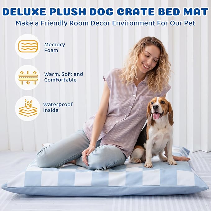 UWELL PETS Large Dog Bed with Removable Washable Cover for Large Dogs Deluxe Plush Dog Crate Beds Comfy Kennel Pad Waterproof Lining and Blue Gel Memory Foam Memory Foam（Blue 40.2 * 30 * 4in）