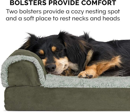 Furhaven Memory Foam Dog Bed for Large/Medium Dogs w/ Removable Bolsters & Washable Cover, For Dogs Up to 55 lbs - Two-Tone Plush Faux Fur & Suede L Shaped Chaise - Dark Sage, Large