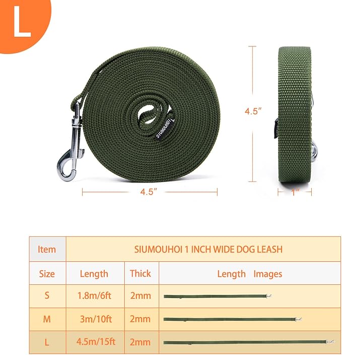 Siumouhoi Strong Durable Nylon Dog Training Leash, 1 Inch Wide Traction Rope, 6 ft 10ft 15ft Long, for Small and Medium Dog (Military Green, 15 Feet)