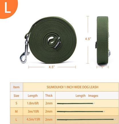 Siumouhoi Strong Durable Nylon Dog Training Leash, 1 Inch Wide Traction Rope, 6 ft 10ft 15ft Long, for Small and Medium Dog (Military Green, 15 Feet)