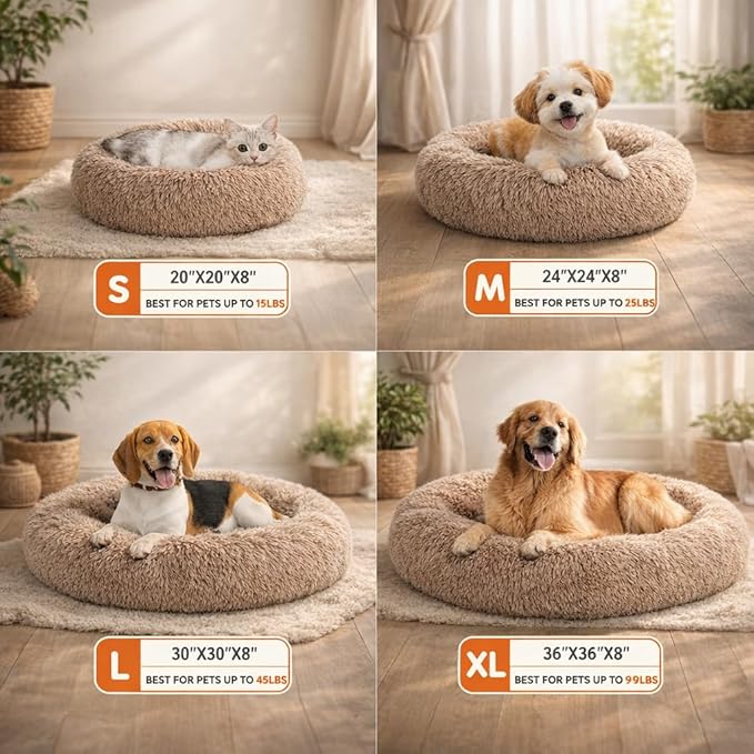 Dog & Cat Bed for Indoor Cats, 30in Calming Donut Pillow mat for Puppy and Kitten, Washable Cooling Round Fluffy Pet Nest for Small Medium Dogs and Cats, Brown