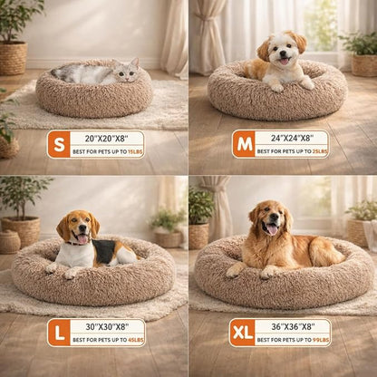 Dog & Cat Bed for Indoor Cats, 30in Calming Donut Pillow mat for Puppy and Kitten, Washable Cooling Round Fluffy Pet Nest for Small Medium Dogs and Cats, Brown