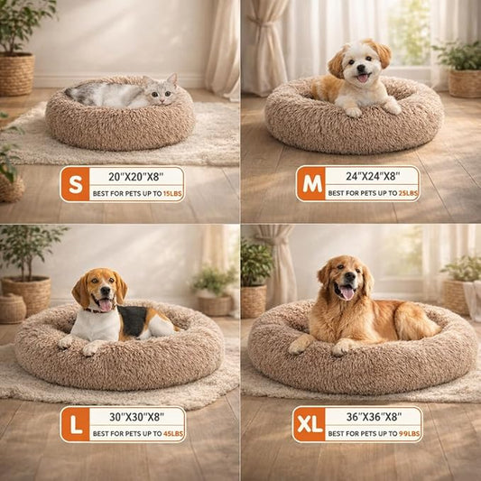 Dog & Cat Bed for Indoor Cats, 30in Calming Donut Pillow mat for Puppy and Kitten, Washable Cooling Round Fluffy Pet Nest for Small Medium Dogs and Cats, Brown