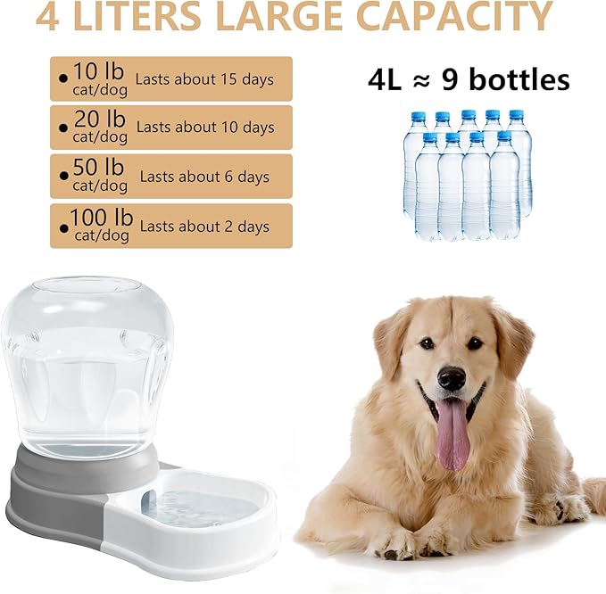 STALTWO 1 Gallon Automatic Dog Water Bowl Dispenser,Large Capacity Water Feeder for Cats and Dogs, BPA-Free,1 Gallon Grey