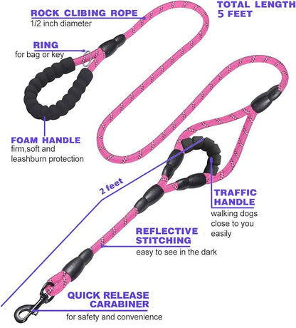 JSXD 5 FT Heavy Duty Double Handle Dog Leash with Comfortable Padded and Reflective Rope, for Small, Medium, Large Dogs (Rope-Pink)