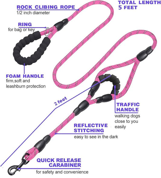 JSXD 5 FT Heavy Duty Double Handle Dog Leash with Comfortable Padded and Reflective Rope, for Small, Medium, Large Dogs (Rope-Pink)