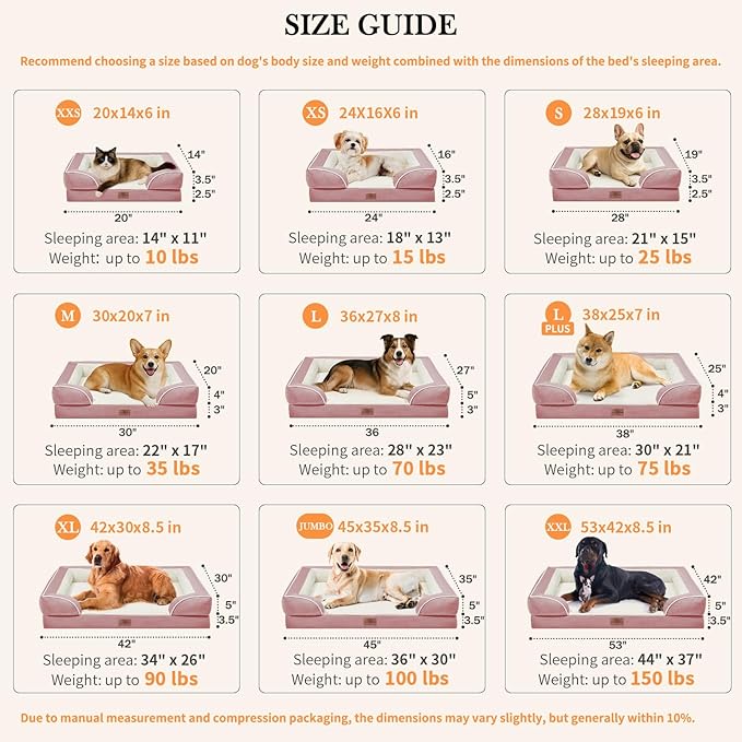 Comfort Expression Orthopedic Dog Bed for Large Dogs 38x25 Inch, Waterproof Supportive Egg Crate Foam Large Pet Bed with Removable Bolsters, Dog Couch with Washable Cover & Non-Slip Bottom, Pink