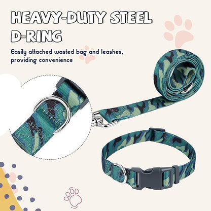Print Patterned Dog Collar Leash Set, Adjusted Quick-Release Plastic Buckles and Heavy-Duty Steel D-Ring Nylon Collar Leash Set Strong Durable, Green Camo,M