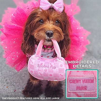 Haute Diggity Dog Pink Checker Chewy Vuiton Handbag, Plush Designer Dog Toys with Interactive Squeaker, Stimulating Pet Enrichment, Machine-Washable & Safe Materials for All Breeds, Size Large