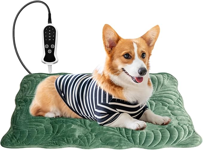 Quwzayail Pet Heating Pad for Cats Waterproof 9 Gears and time Settings Switch, Adjustable Heated Cat Bed, Adding Wire Rope Wires Cat Warming (22.0" L x 18.0" W x 0.5" Th, Green)
