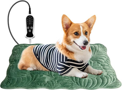 Quwzayail Pet Heating Pad for Cats Waterproof 9 Gears and time Settings Switch, Adjustable Heated Cat Bed, Adding Wire Rope Wires Cat Warming (22.0" L x 18.0" W x 0.5" Th, Green)