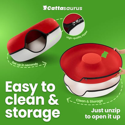 Cattasaurus Peekaboo Cat Cave, Extra Spacious for Multiple & Large Cats 12+ lbs, Scratch Detachable Cat Beds for Indoor Cats, Washable Tunnel Bed, Comfy Donut Tunnel (Ruby Snowball, Jumbo)