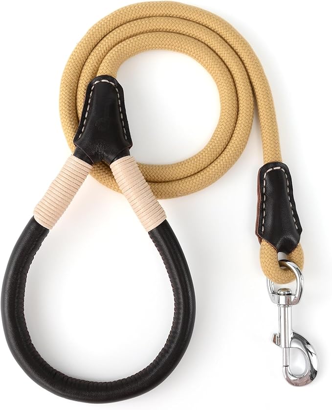Mile High Life Genuine Leather Wrapped Handle Dog Leash, w Heavy Duty Clasp Rope Leash for Small Medium Large Dogs (Yellow, 5FT)